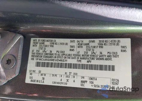 2014 Ford Escape Se from USA, damaged, VIN 1FMCU0GX8EUD49231